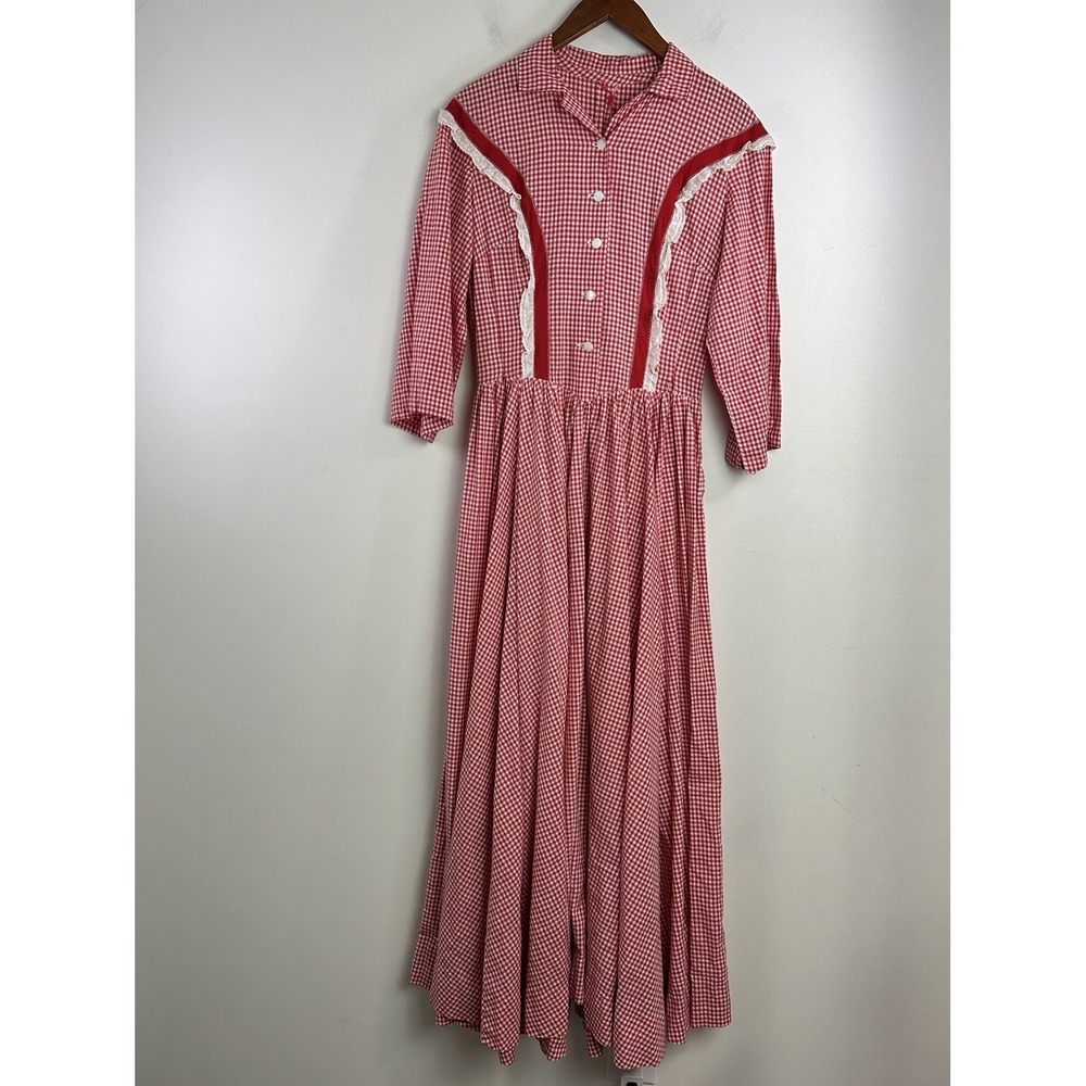 Handmade Red Gingham Lace Maxi Dress Small Country Cottagecore Prairie Modest